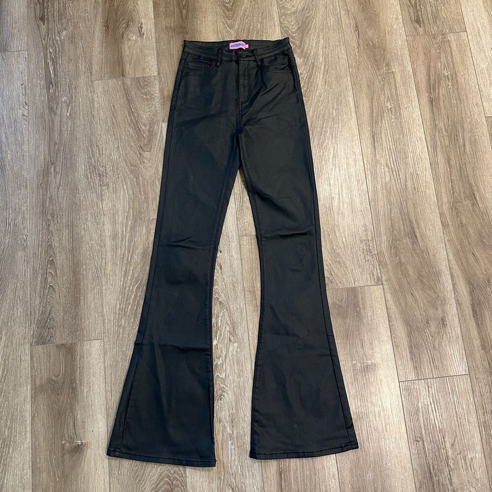 Edikted Coated Faux Leather High Rise Flare Leg Pants Bell Bottom Black Size S